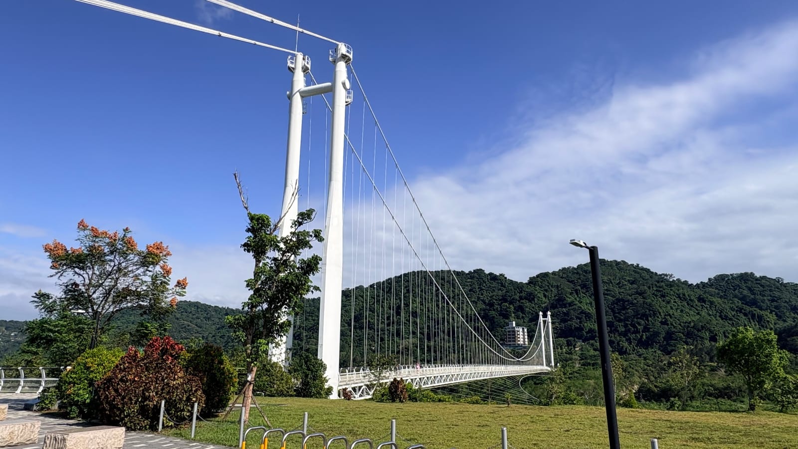 中庄吊橋白色雙塔橋身與大漢溪河岸